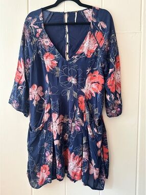Free People Eyes On You Floral Mini Dress with Pockets Navy Combo Boho Size 8